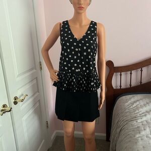 Rebecca Taylor Black and Creamy Dots , pleated, silk, sleeveless blouse
